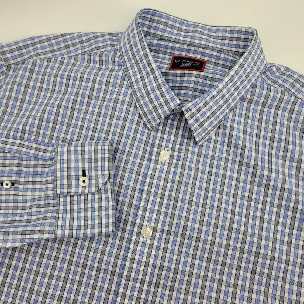 UNTUCKit Mens XL Slim Fit Wrinkle Free Blue White Plaid Button Down‎ Shirt